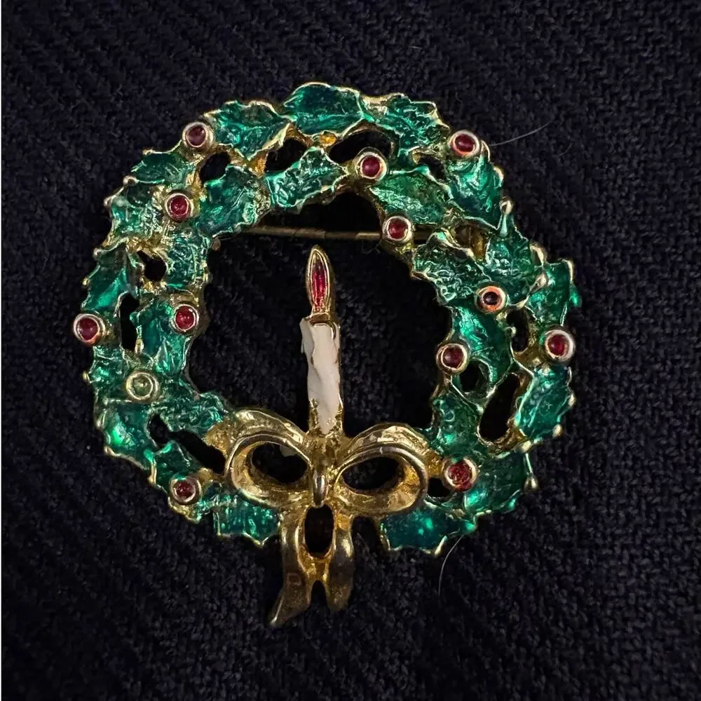 Vintage Christmas Wreath Pin Candle Christmas Holiday Brooch